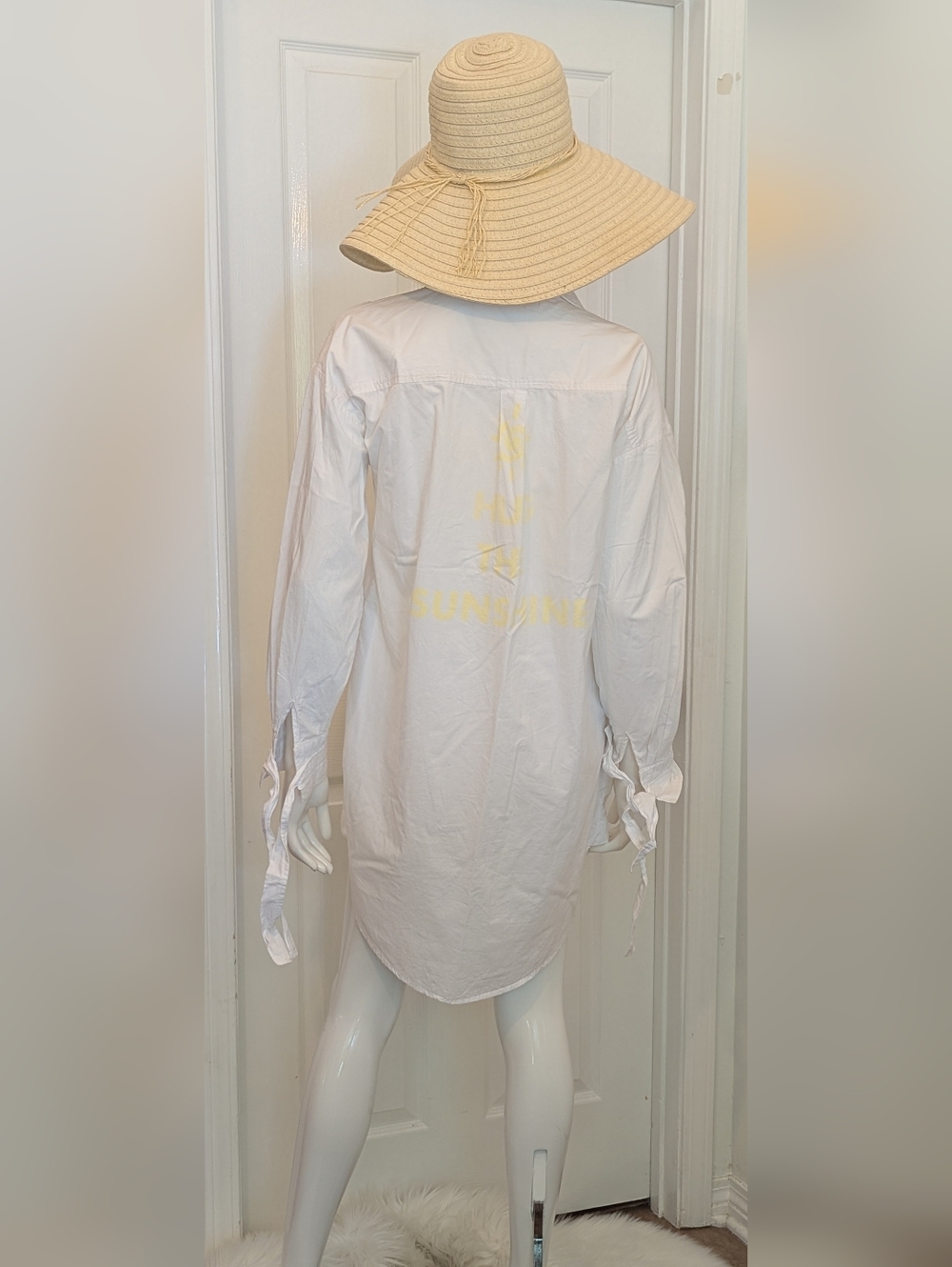 White Button-Up Cover-up 100% Cotton with Pockets Collar And French Cuffs Bows